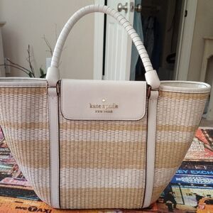 Kate Spade White and Tan Striped Tote